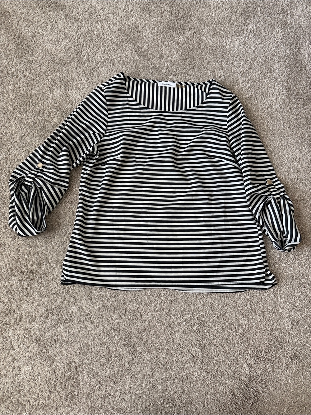 Calvin Klein Black and White Striped Boatneck 3/4 Sleeve Top